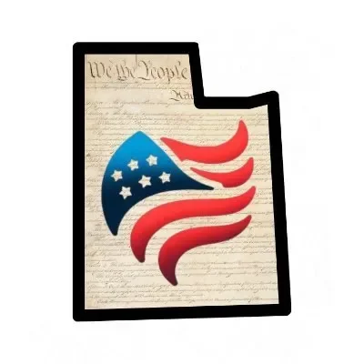 Illustration of Oklahoma with a patriotic eagle logo featuring stars and stripes, overlaid on a background resembling the U.S. Constitution.