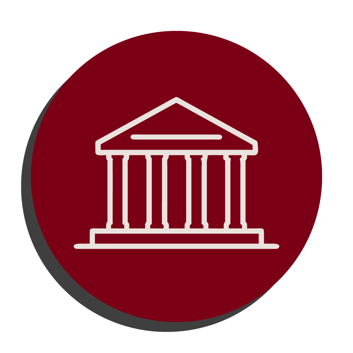 Outline of a classical government or judicial building with columns inside a dark red circle.