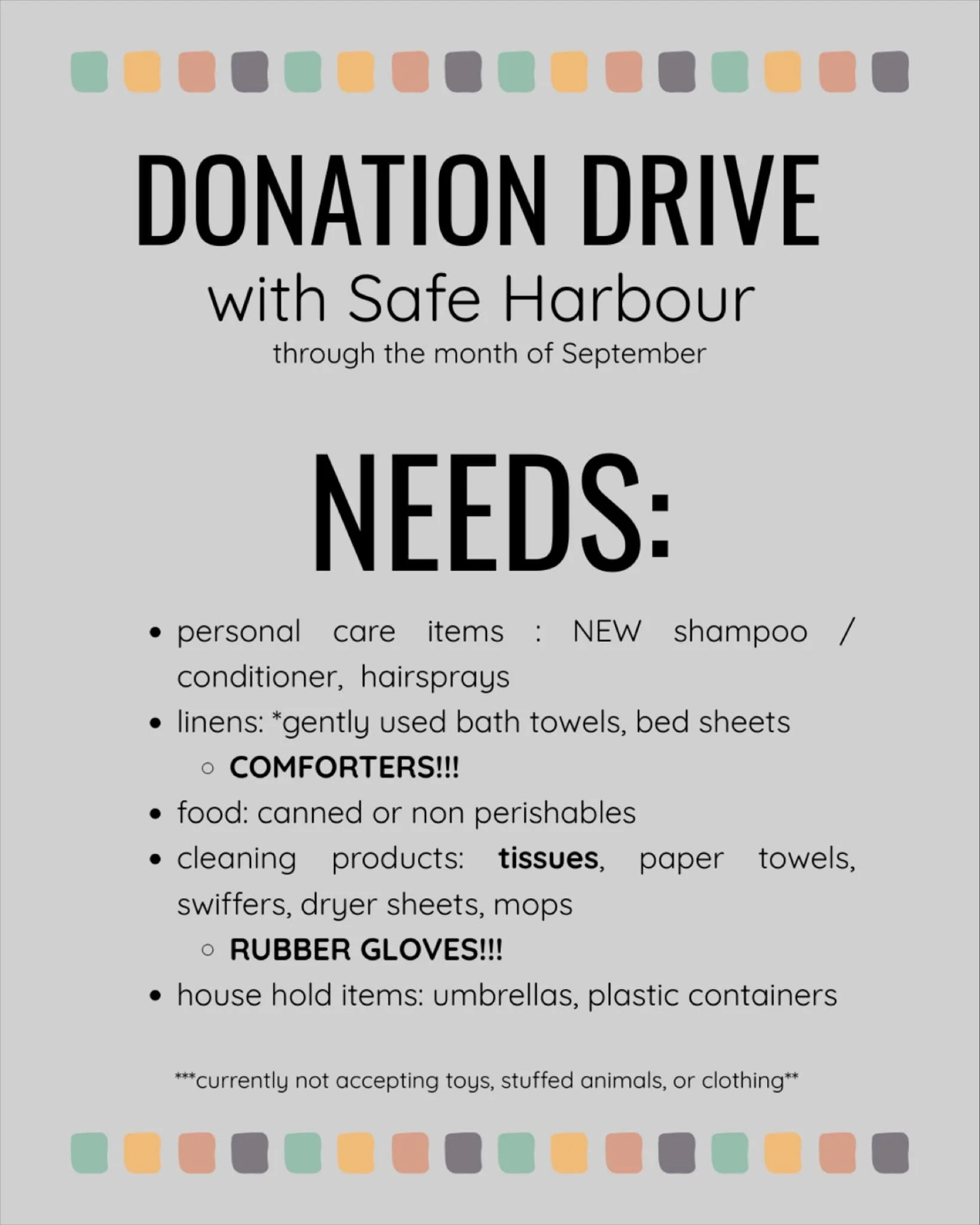 ⏰ Final call! Our Safe Harbour donation drive ends tomorrow (9/30).

If you&rsquo;ve been meaning to stop by, today&rsquo;s the day. 
Thank you for showing up for our community. 💛