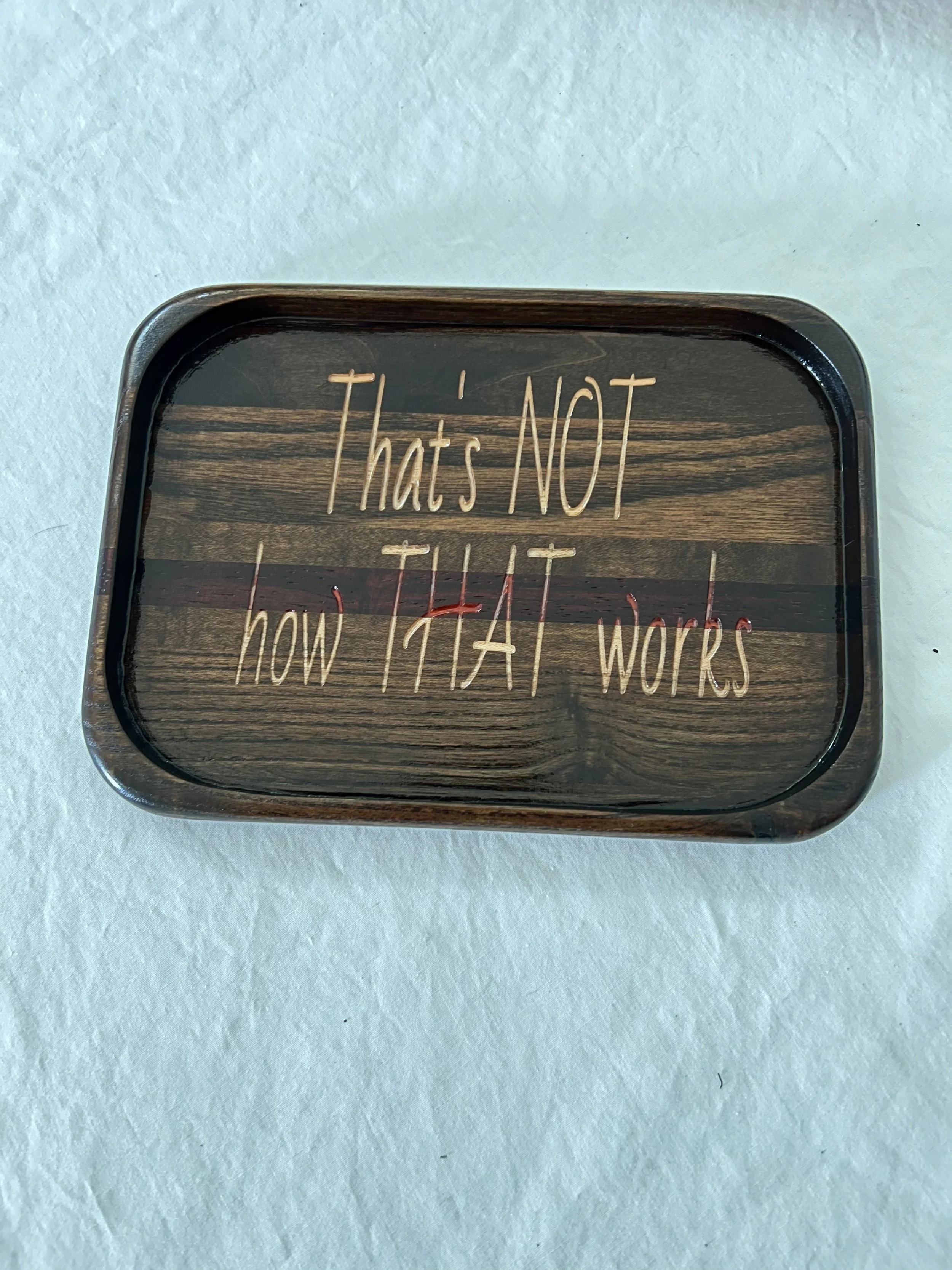 A wooden tray with embroidered text that says, "That's NOT how THAT works."