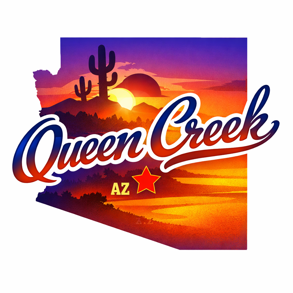 Illustration of Queen Creek, Arizona with a desert landscape at sunset, featuring cacti, mountains, and the sun setting behind them, with the name 'Queen Creek' prominently displayed in stylized text and a red star with 'AZ' written below.