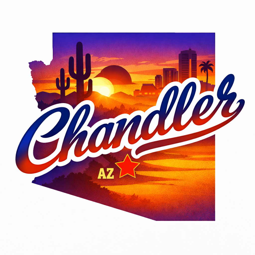 Iconic Arizona sunset with silhouettes of cacti, mountains, and city skyline, overlayed with the word "Chandler" and "AZ" with a star.