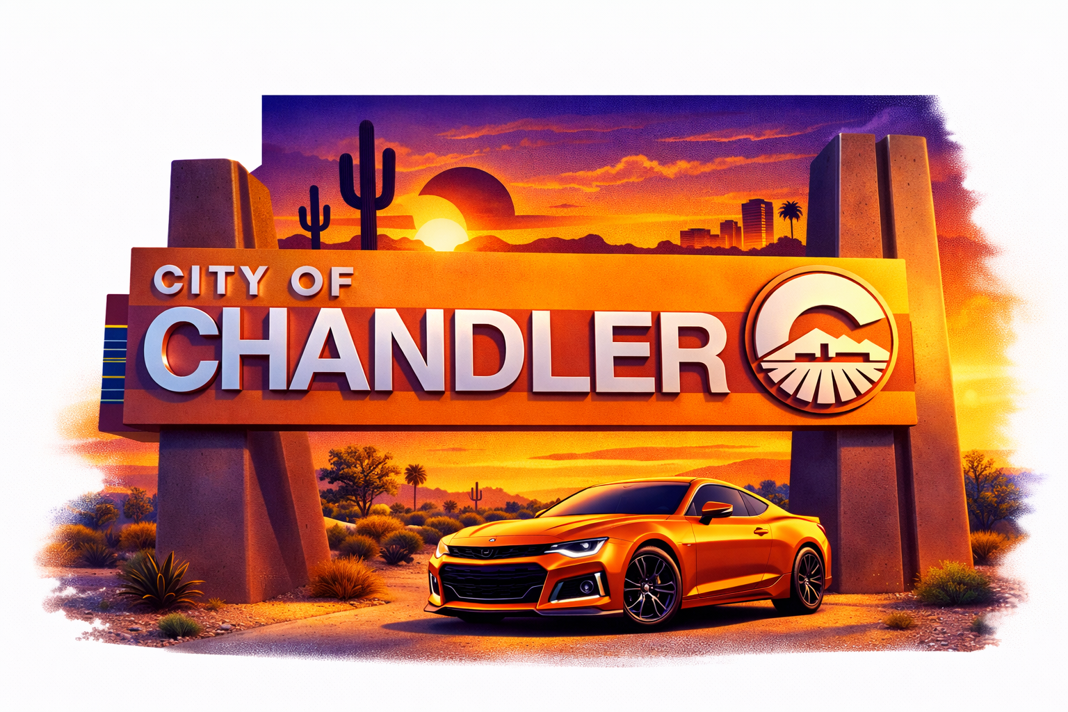 Sign for the City of Chandler with a sunset, desert landscape, cactus, modern car parked in front, and distant city skyline.