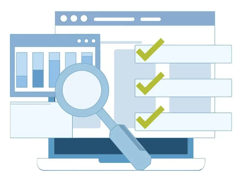 Illustration of computer with magnify glass, check list, and progress chart 