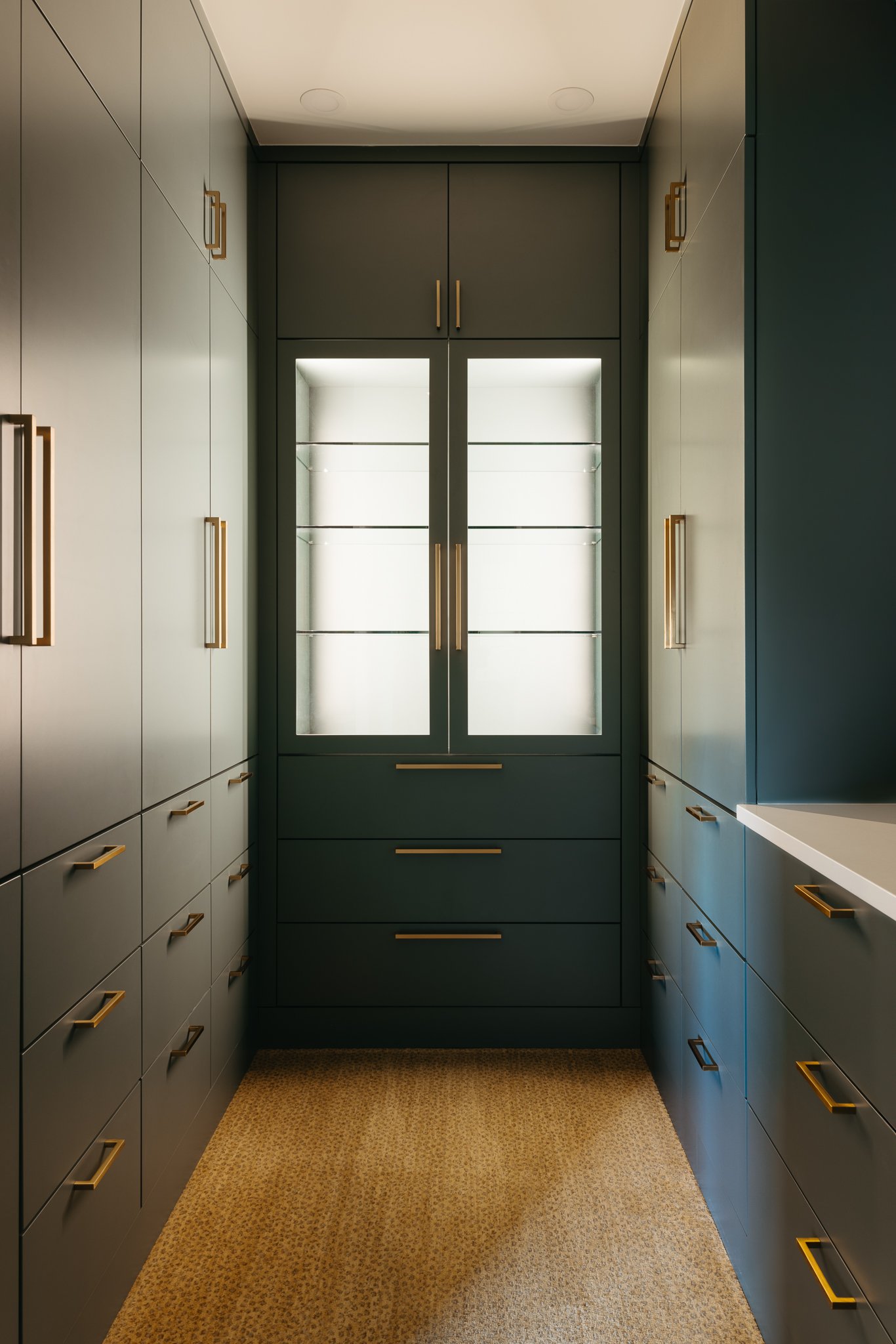 Modern pantry with dark green cabinetry, gold handles, glass display cabinet, and carpet flooring.