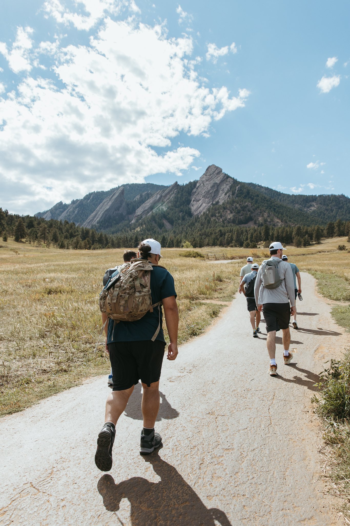 Group of hikers walking on a trail towards mountains on a sunny day, wearing casual outdoor clothing and backpacks. The landscape features grassy fields, trees, and rocky peaks under a partly cloudy sky.