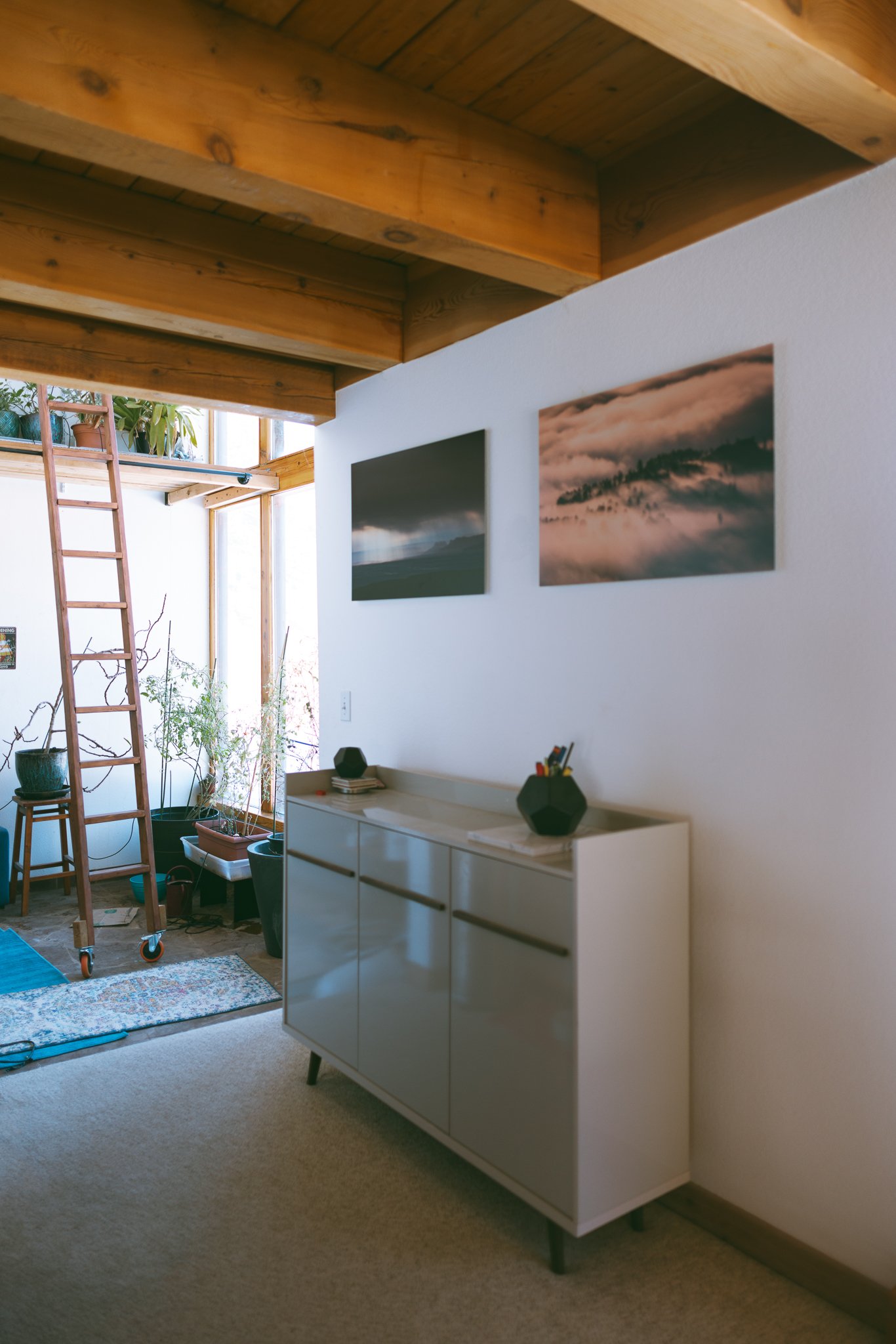 Modern living room with wooden beams, wall art, a white cabinet, ladder, indoor plants, and natural light.