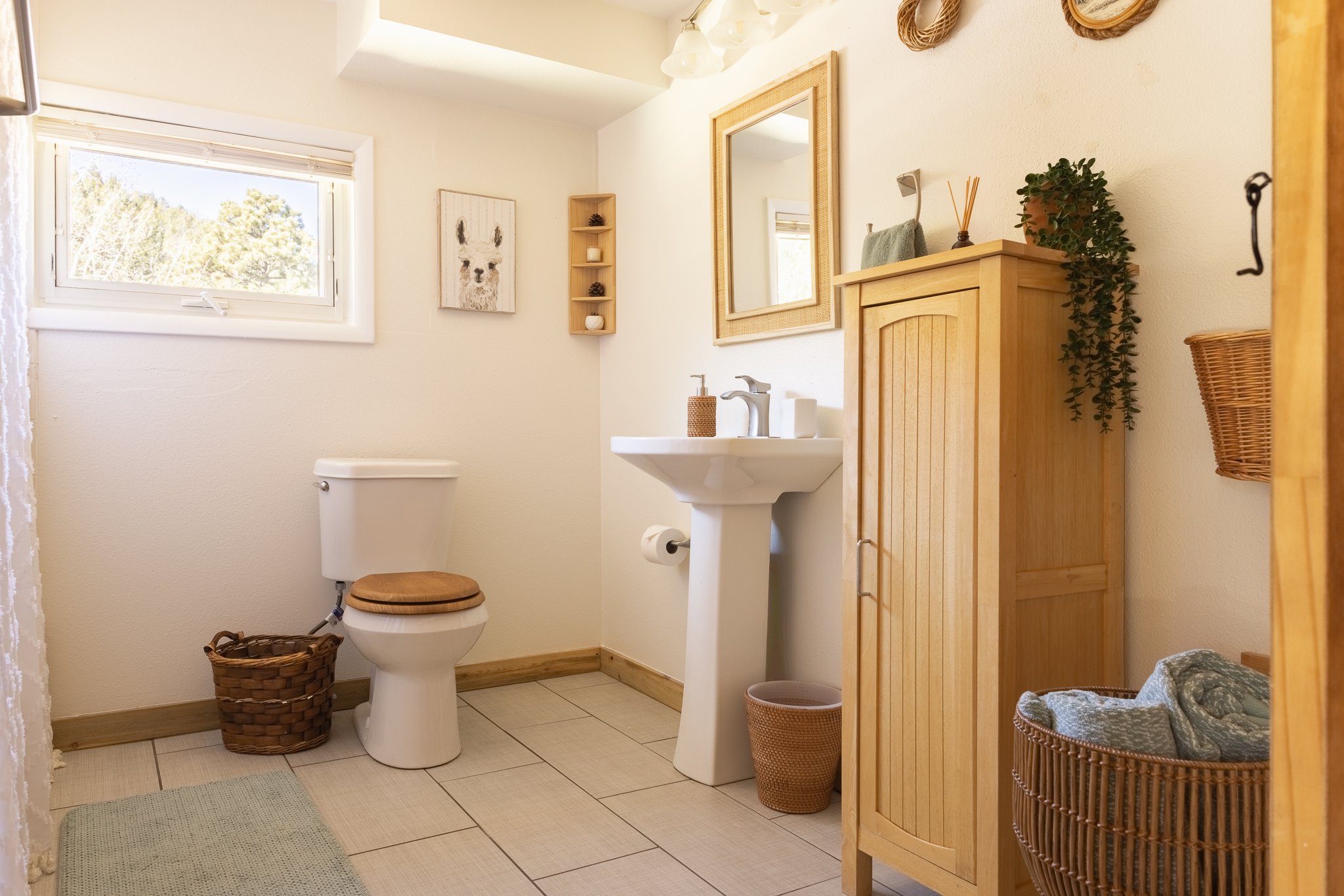 Bathroom with white walls, pedestal sink, toilet with wooden seat, small window, wooden cabinet, wicker baskets, green plant, and framed animal artwork.