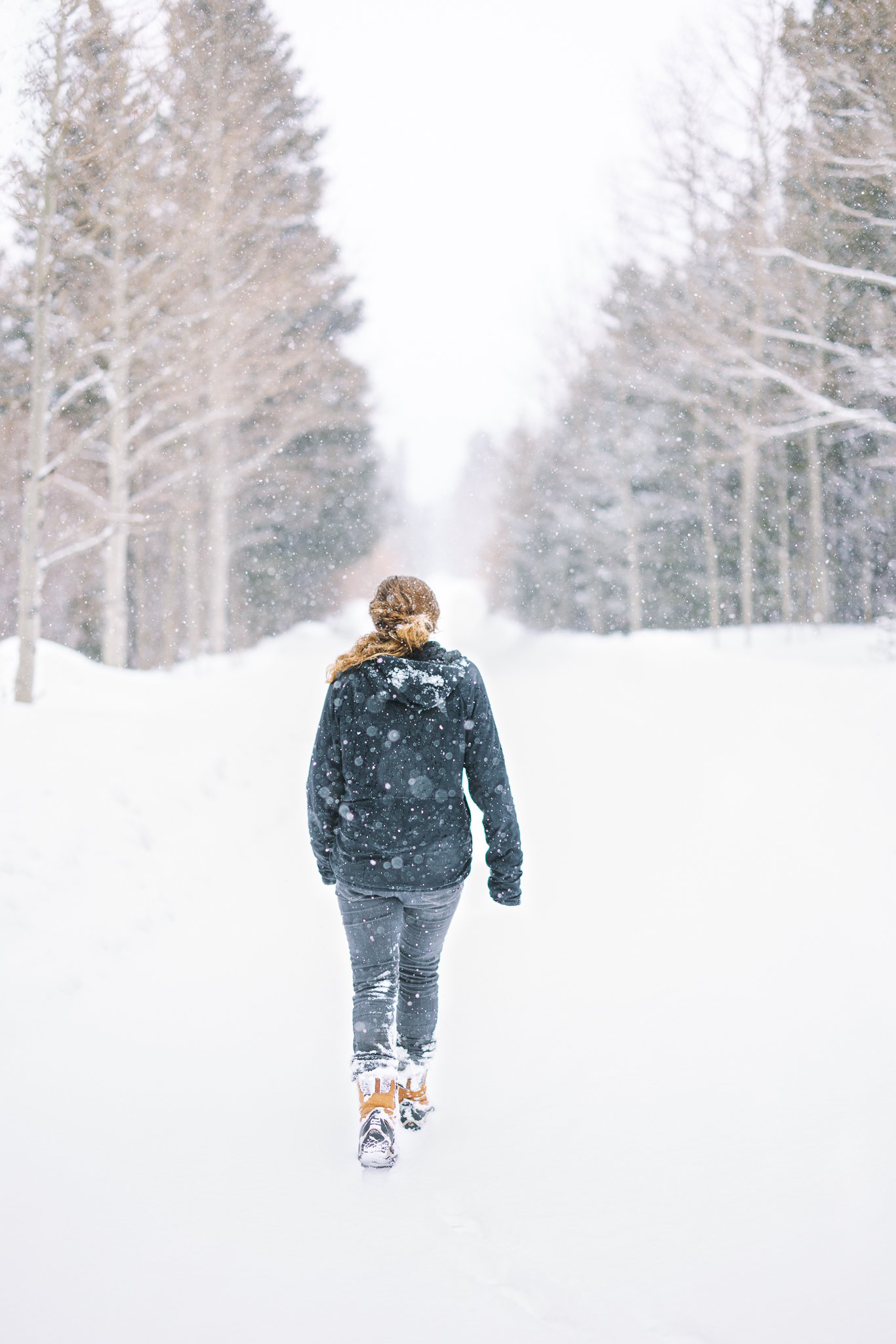 Person walking on a snowy path surrounded by bare trees during snowfall.