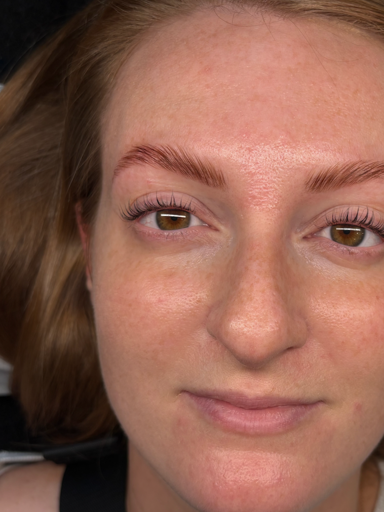 Model brow lamination and tint with soft, natural results