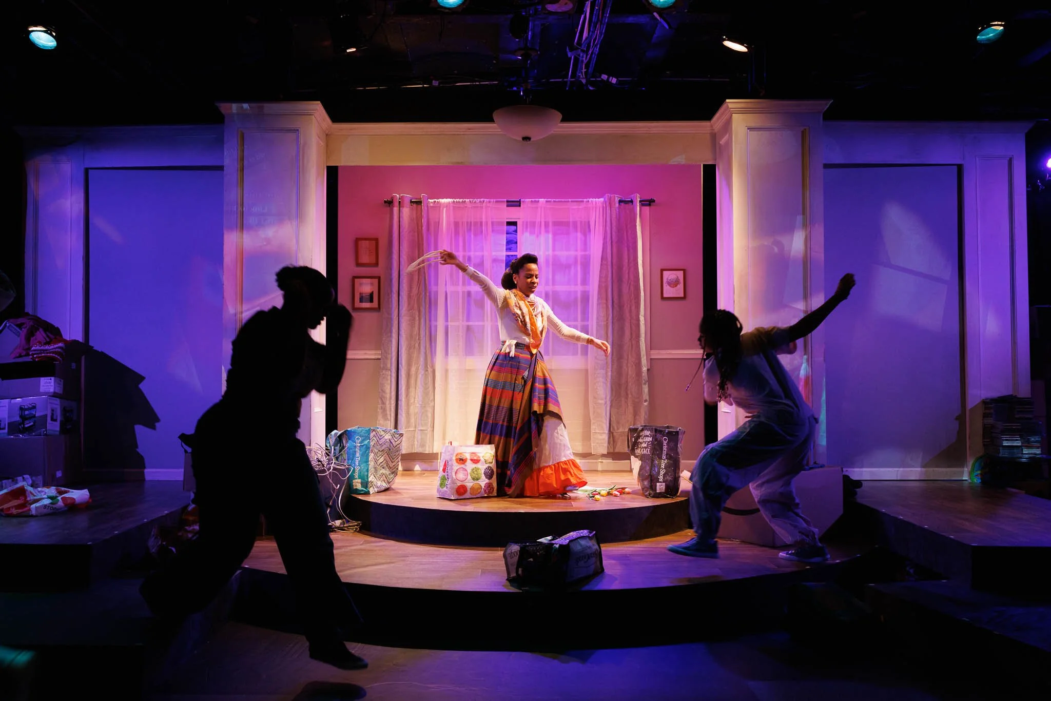 MORNING, NOON, AND NIGHT - Photos by Ken Yotsukura | Director: Summer L. Williams | Scenic Designer: Justin Lahue | Costume Designer: Jonathan Fajors | Lighting Designer: Christopher Brusberg | Projections Designer: Maria Servellon | Sound Designer: 