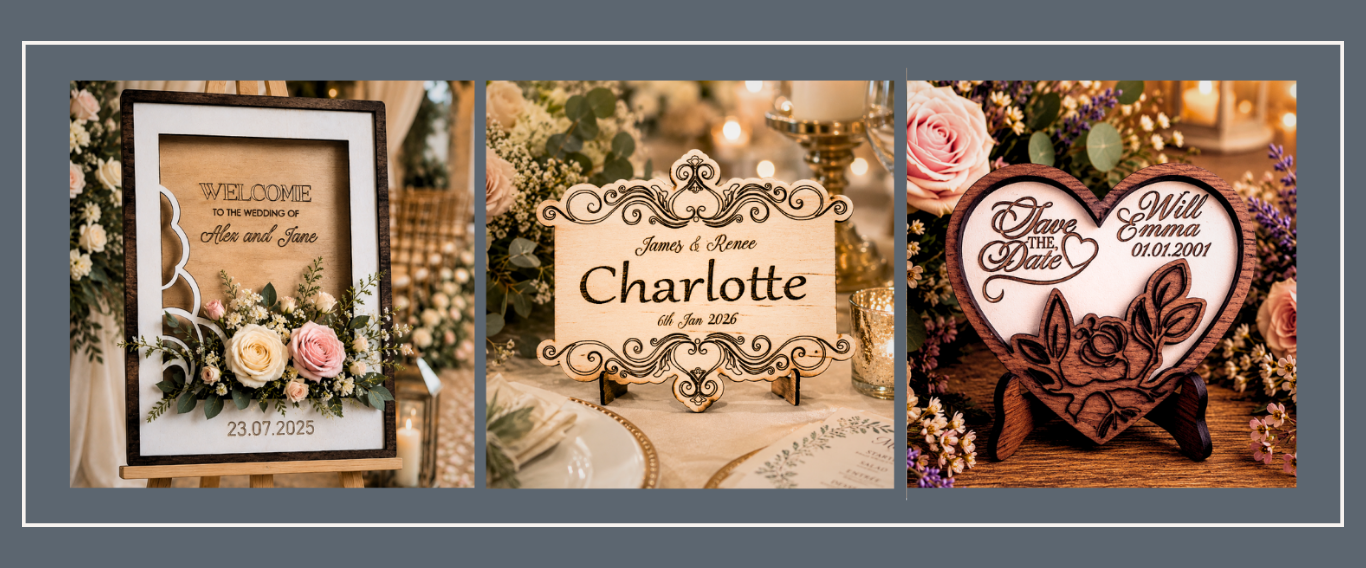 Three decorated signs for weddings. The first is an easel holding a framed sign with a floral arrangement, welcoming guests to Allen and Janes' wedding on July 23, 2025. The second is a wooden sign with ornate scrollwork, displaying the names James and Renee and the date January 6, 2026. The third is a wooden heart-shaped sign with floral carvings, showing the names Dave and Emma and their wedding date January 1, 2001.