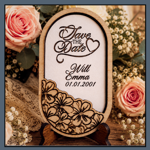 Wooden engraved sign reading 'Save the Date, Will Emma, 01.01.2001' surrounded by pink roses and white flowers.