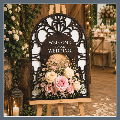 Wedding welcome sign with pink and white flowers on an easel, decorated with greenery and candles in a rustic indoor setting.