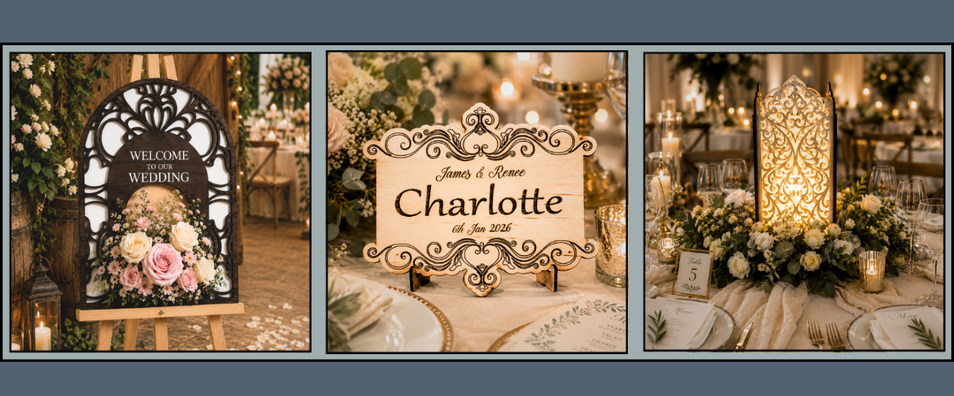 Three images of wedding decor. First image shows a welcome sign with flowers on an easel and candles nearby. Second image features a table setting with a wooden name plaque reading "Charlotte," surrounded by flowers and candles. Third image displays a table with a decorative lantern centerpiece, surrounded by flowers, candles, and tableware.