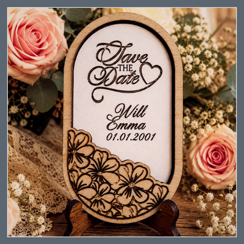 A wooden framed sign with the message "Save the Date" and a heart, surrounded by pink roses and white baby's breath flowers.