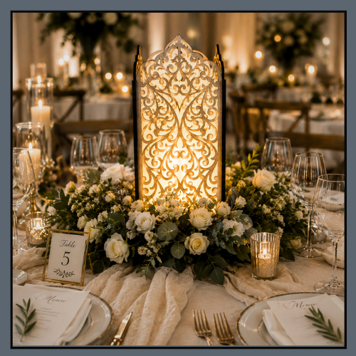 Elegant wedding reception table with a tall, ornate lantern centerpiece surrounded by white roses, candles, and greenery, with tableware and a table number sign.