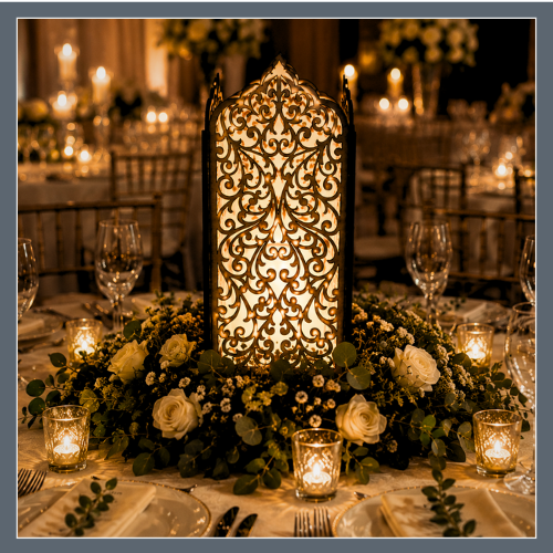Elegant banquet table with a decorative lantern centerpiece, surrounded by roses, candles, wine glasses, and neatly arranged tableware in a softly lit event setting.