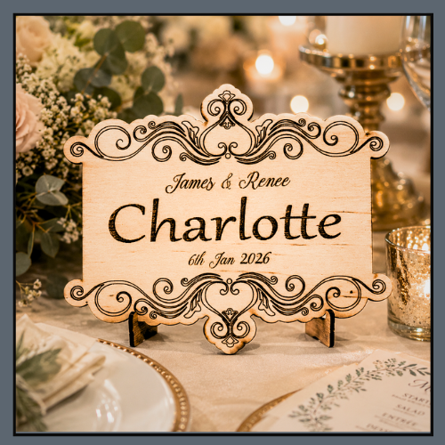 Wedding reception table featuring a decorative wooden sign with ornate scrollwork, inscribed with "James & Renee, Charlotte, 6th Jan 2026"; surrounded by flowers, candles, and elegant table settings.