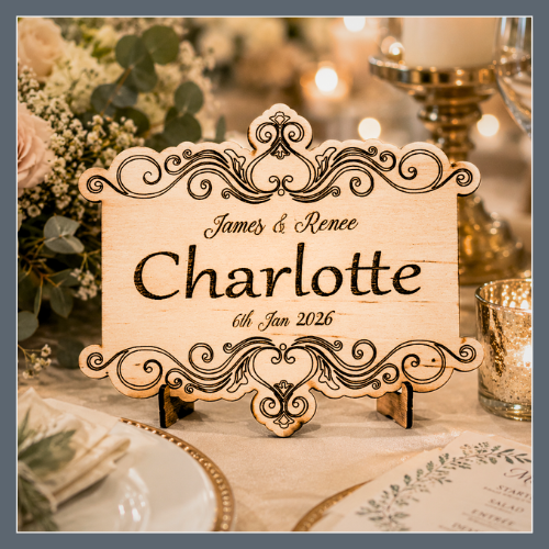 Wedding table centerpiece with a wooden sign displaying the names James and Renee, the date January 6th, 2026, decorated with floral arrangements and candle holders.