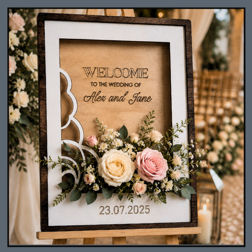 Wedding welcome sign with floral arrangement and date, announcing the marriage of Allen and Jane on July 23, 2025.