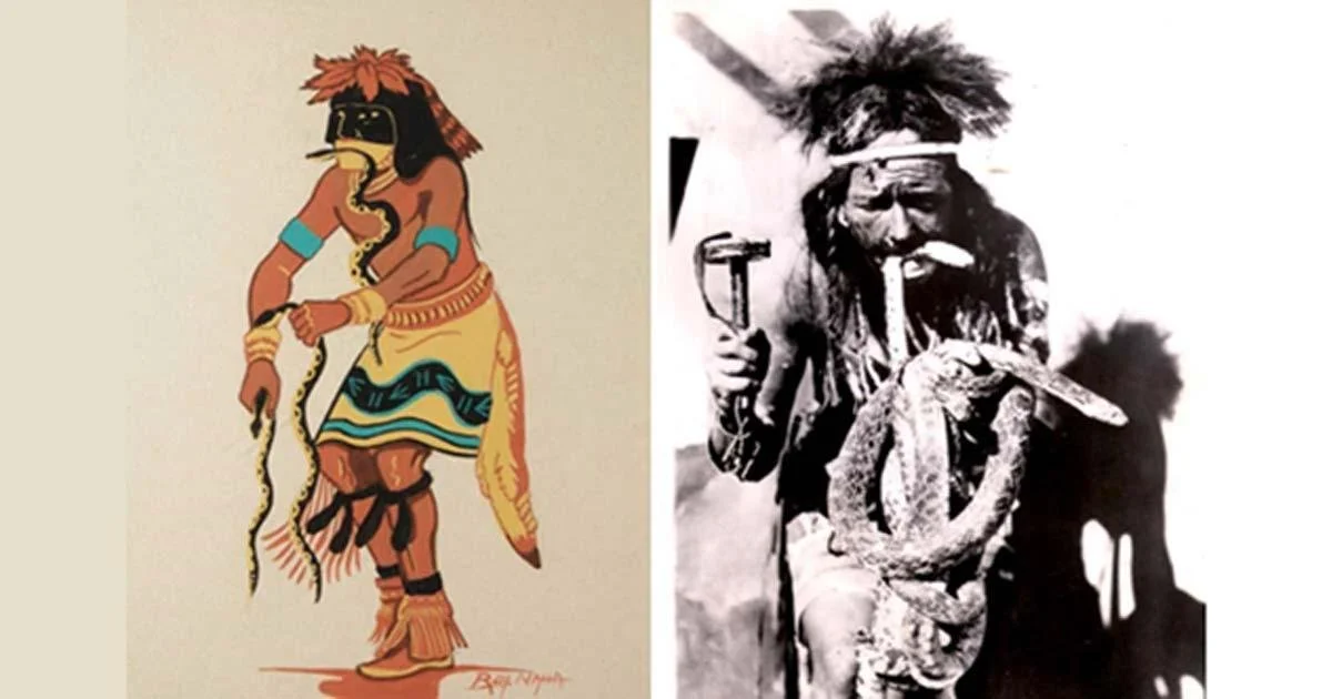 Figure 75. A drawing and a photograph of a dancer with a snake in his mouth (Art by Naha Ray (?)) (Unknown photographer n.d.)