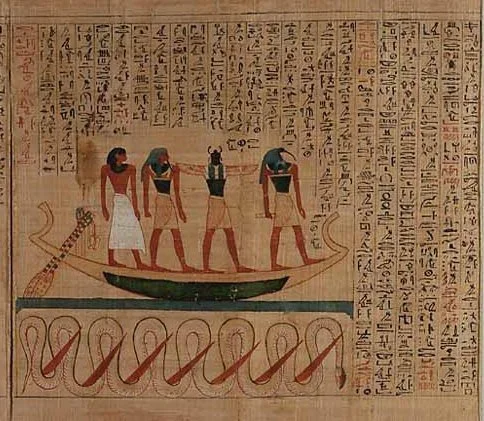 Figure 14. Apophis below the barque of Ra with seven knives, Book of the Dead of Amenemsaouf, 21st Dynasty, Louvre Museum, Paris.