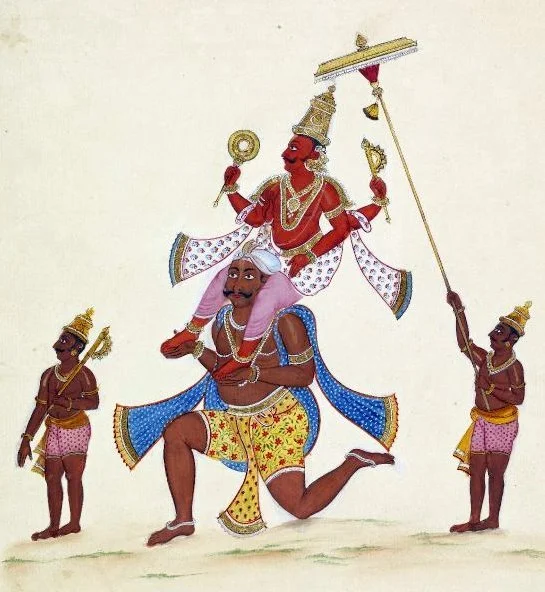Figure 8. Nirriti/Nairruti riding his vahana with his 2 consorts (from Sculpturepedia and https://www.exoticindiaart.com/article/ashtadikpalakas/