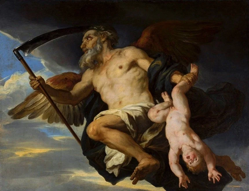 Figure 37. Chronos and His Child -&nbsp;Giovanni Francesco Romanelli,&nbsp;National Museum&nbsp;in&nbsp;Warsaw, 17th c. depiction of&nbsp;Cronus&nbsp;as "Father Time", with the harvesting scythe.