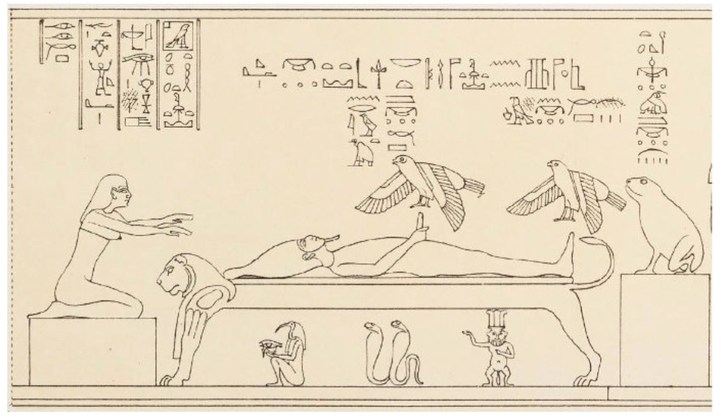 Figure 37. Bird over Osiris' penis.  Dendera, east wall of the innermost western Osiris chapel, Temple of Hathor. Drawing by Mariette (1873). 