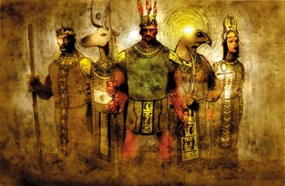 Figure 55. Mulhorandi pantheon 1: From left to right: Geb, Hathor, Anhur, Horus-Re, and Isis (DnD Forgotten Realms).