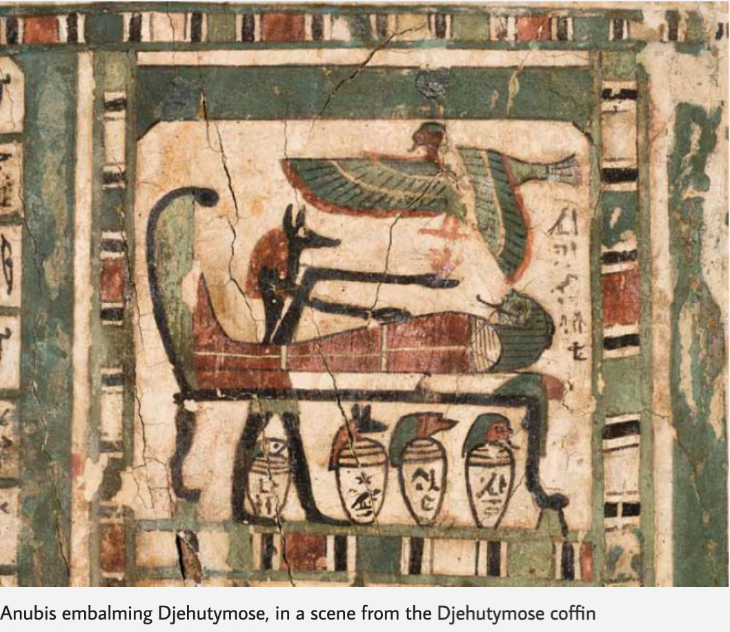 Figure 7. Anubis embalming the mummy of Djehutymose with the Ba-bird above and the canopic jars below.