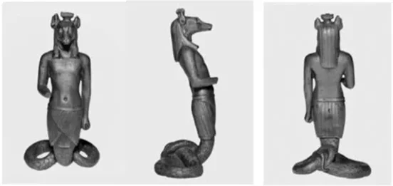 Figure 30. Bronze figurine depicting a snake-legged Anubis is in the Egyptian Museum in Cairo, whose serpentine coils rise vertically instead of lying flat on the ground (Herdman 2025)
