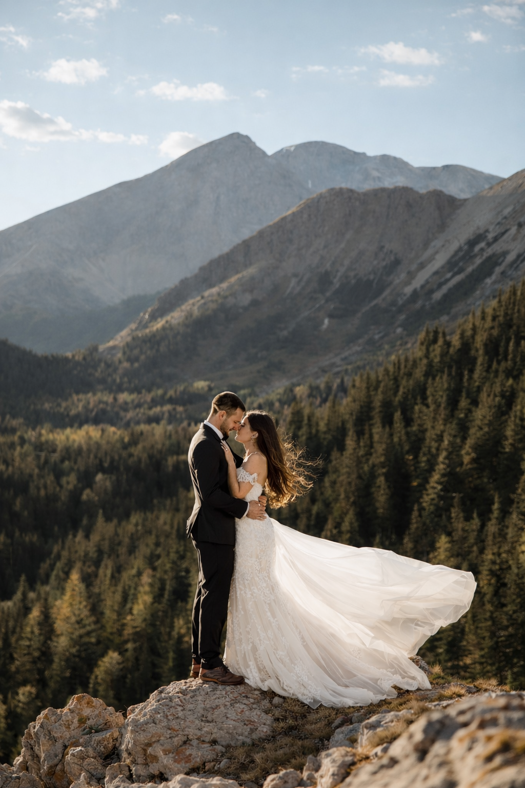 Auckland elopement photographer — couple embracing on rocky terrain with mountain forest in new zealand — Wonderlens