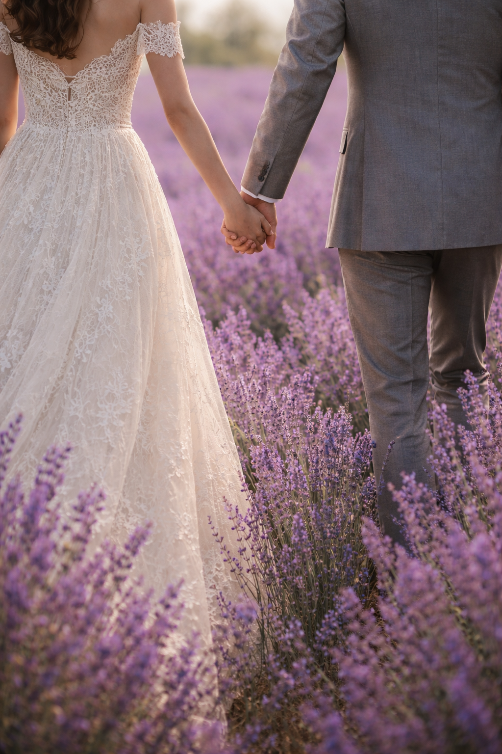 Auckland elopement photographer — bride and groom in lavender field at sunset — Wonderlens