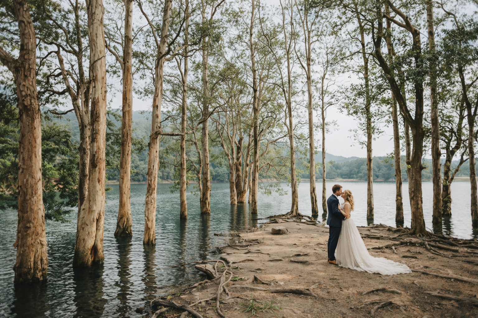 Engagement photographer Auckland — couple on lakeshore with mountain backdrop — Wonderlens