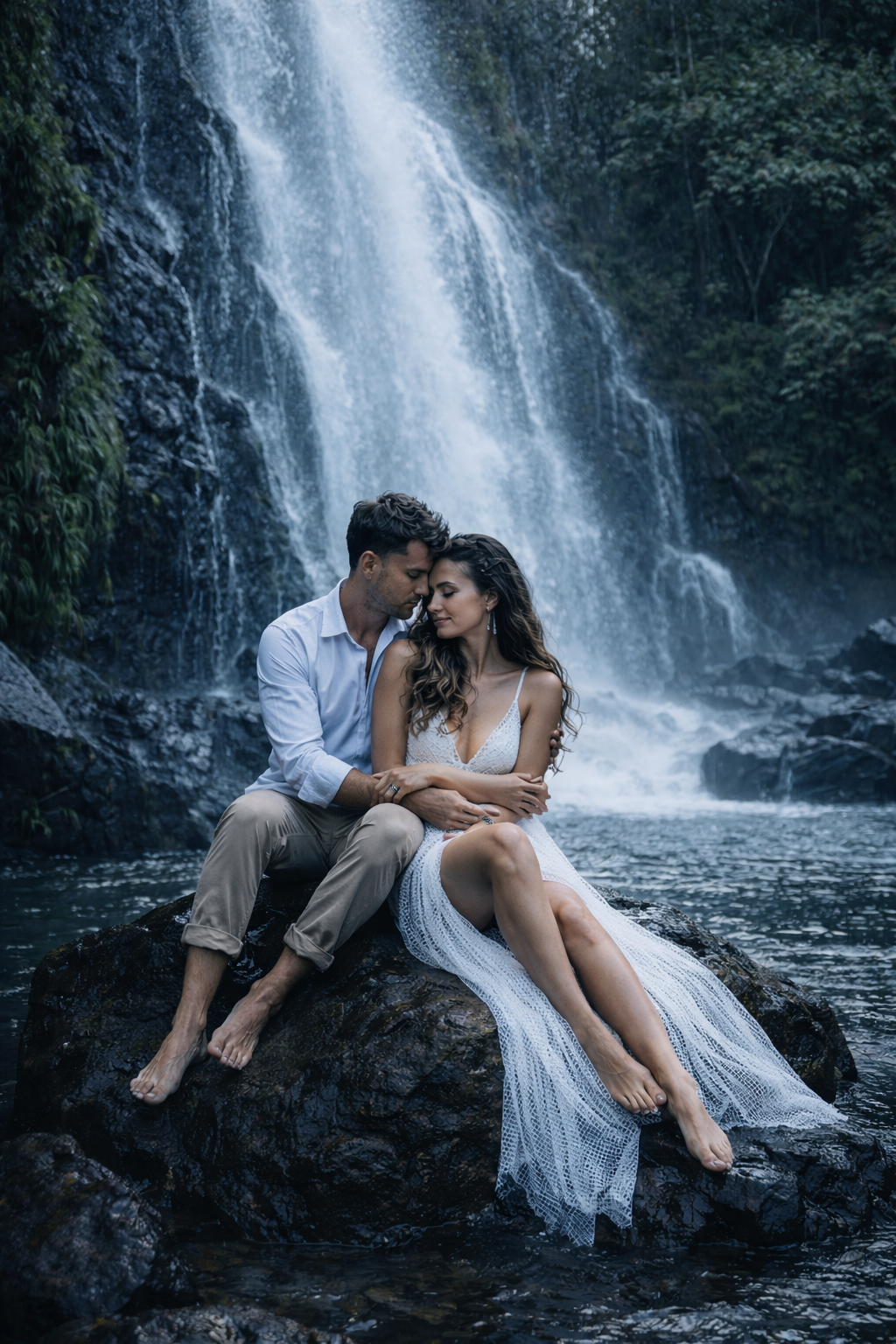 Engagement photographer Auckland — couple on river rock with waterfall — Wonderlens