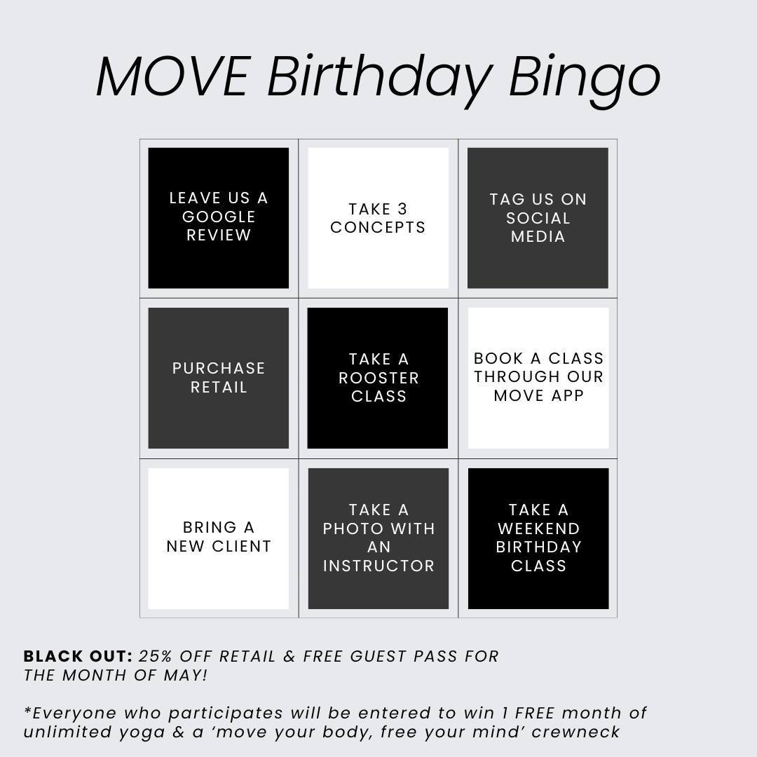 MOVE Yoga Bingo is back to celebrate our anniversary!🙌🏼

Starting this Sunday, April 28, you'll have one week to complete your bingo card. Achieve a blackout (fill out your entire card) and enjoy 25% off retail plus one free guest pass for the mont