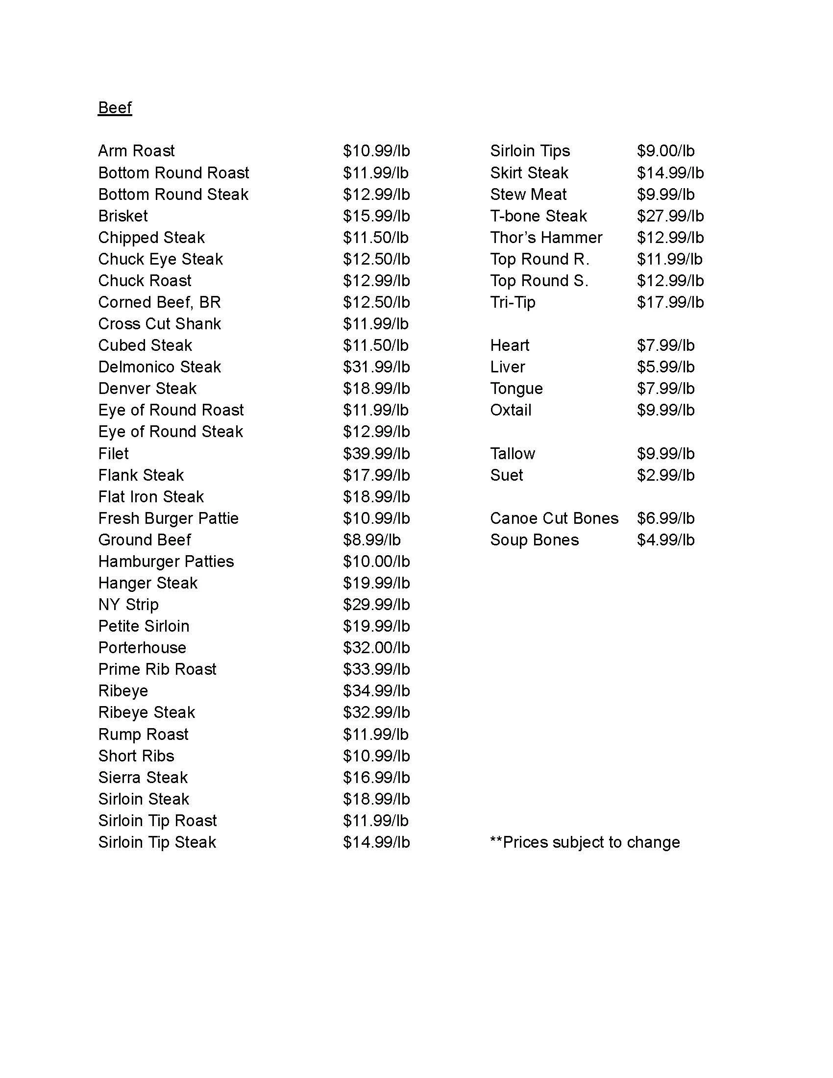 Meat Pricing — Tubmill Creek Provisions