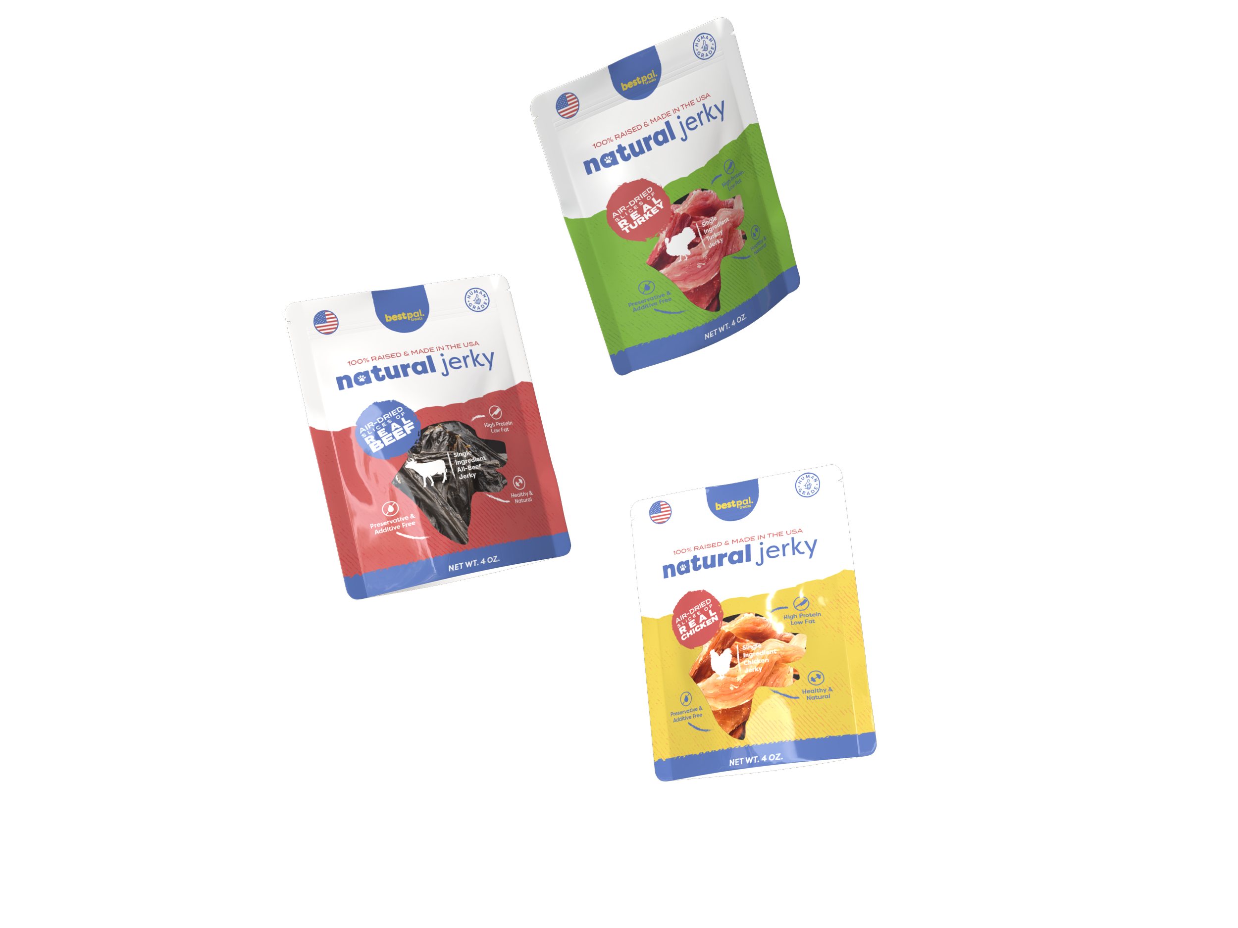 Three packages of natural jerky, including beef, turkey, and chicken flavors, displayed against a black background.
