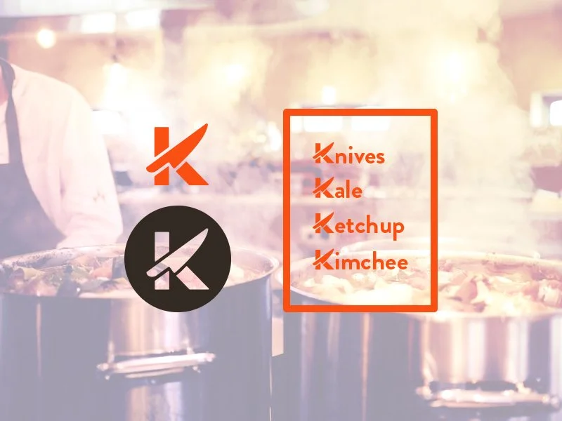 List of four food items: Knives, Kale, Ketchup, Kimchee, written in orange text inside a red rectangle overlay. Background shows a chef cooking in a kitchen with pots on stove.