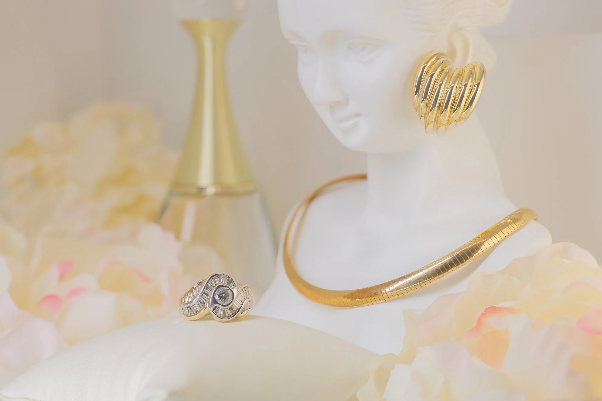 Gold Yellow Earrings, Chain and Ring with White Stones