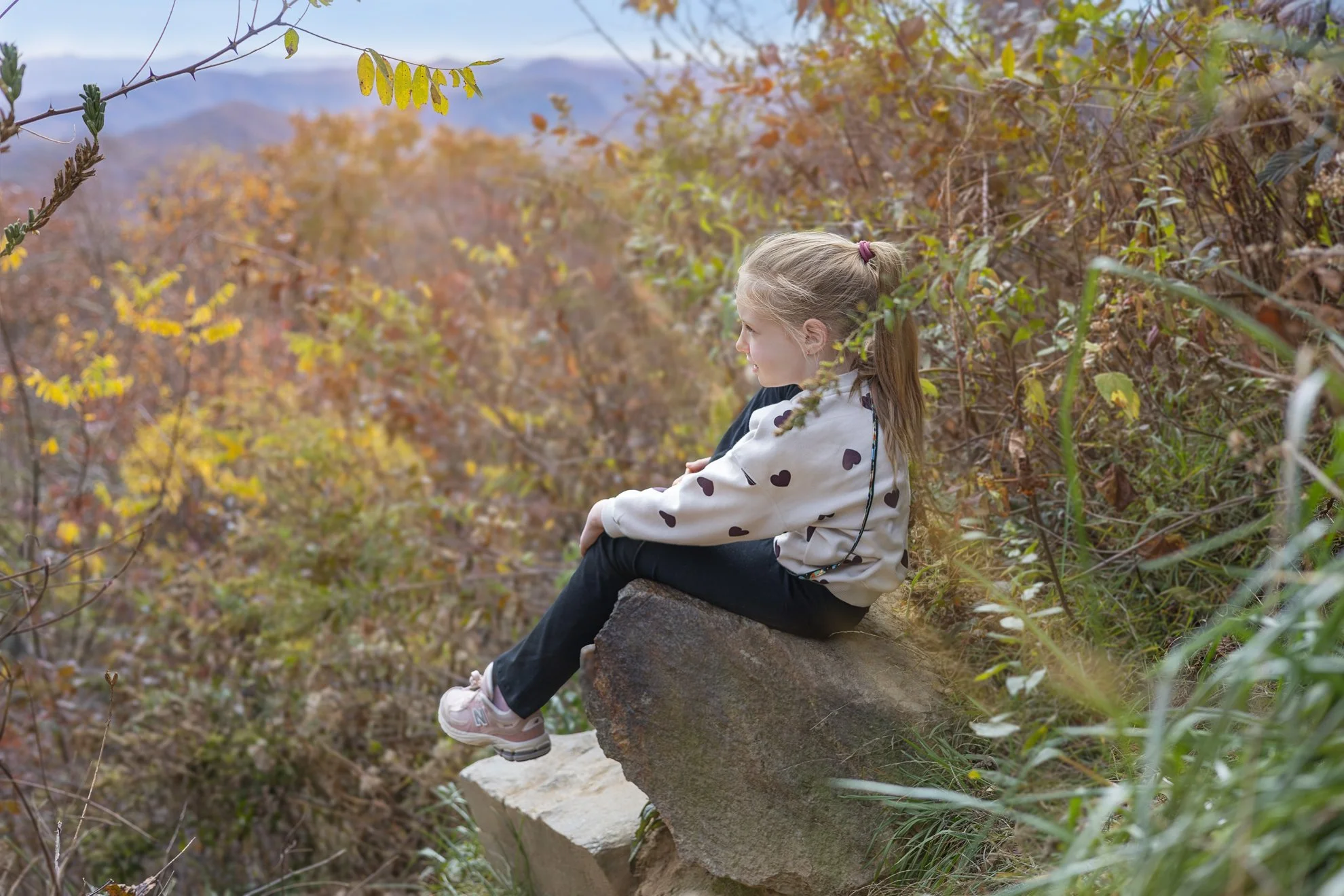 Girl looks at Mountains