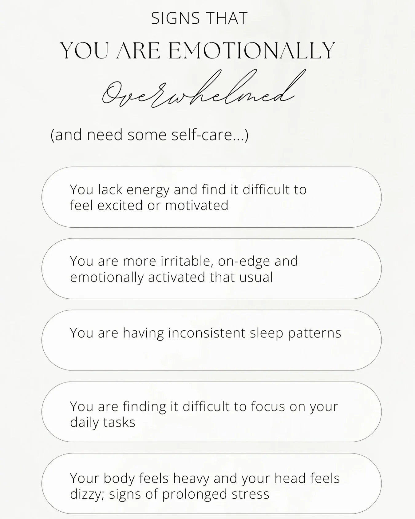 5 Signs You&rsquo;re Emotionally Overwhelmed (And Need Self-Care) 🛀

Feeling frazzled, exhausted, or on edge lately? It may be a sign that you&rsquo;re emotionally overwhelmed and in need of some TLC. Look out for these red flags:

1. Difficulty con