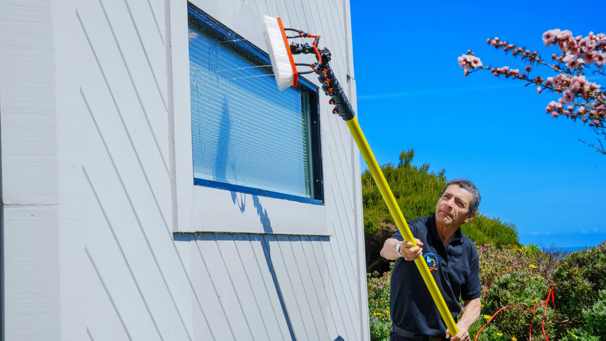 A man cleaning the exterior window of a white house with a long-handled brush on a bright, sunny day. In the background, there are blooming pink flowers on a tree and green trees against a clear blue sky.