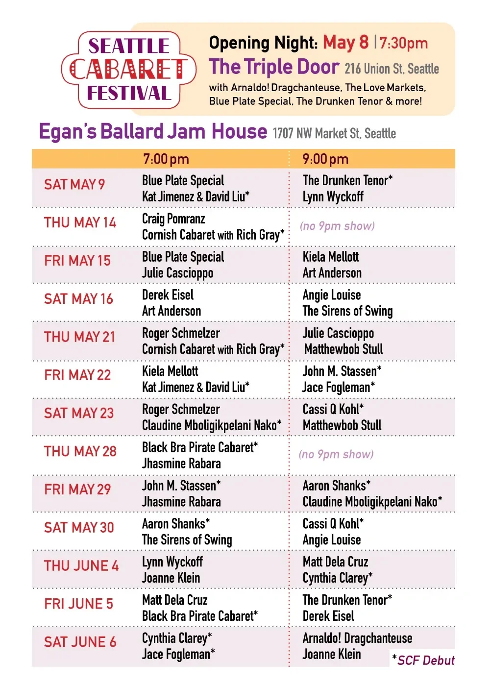 Schedule for the Seattle Cabaret Festival at Egan's Ballard Jam House, including dates, performers, and showtimes from May 8 to June 6.
