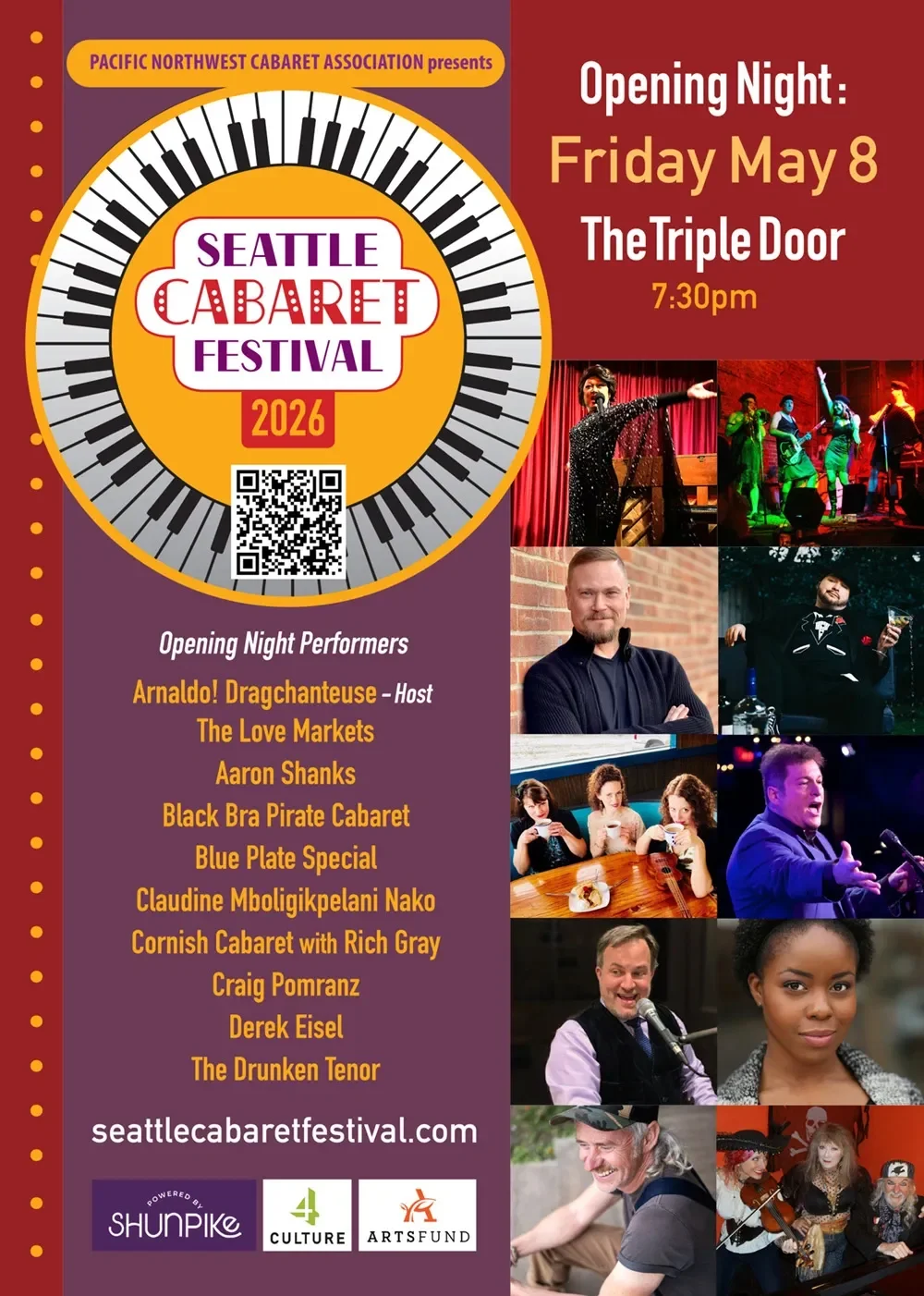 Poster for the Seattle Cabaret Festival 2026, starting on Friday, May 8 at The Triple Door at 7:30 PM. Features images of performers and a list of opening night acts including Arnaldo! Drag chanteuse, The Love Markets, Aaron Shanks, Black Bra Pirate Cabaret, and others. Contains a QR code and website link.