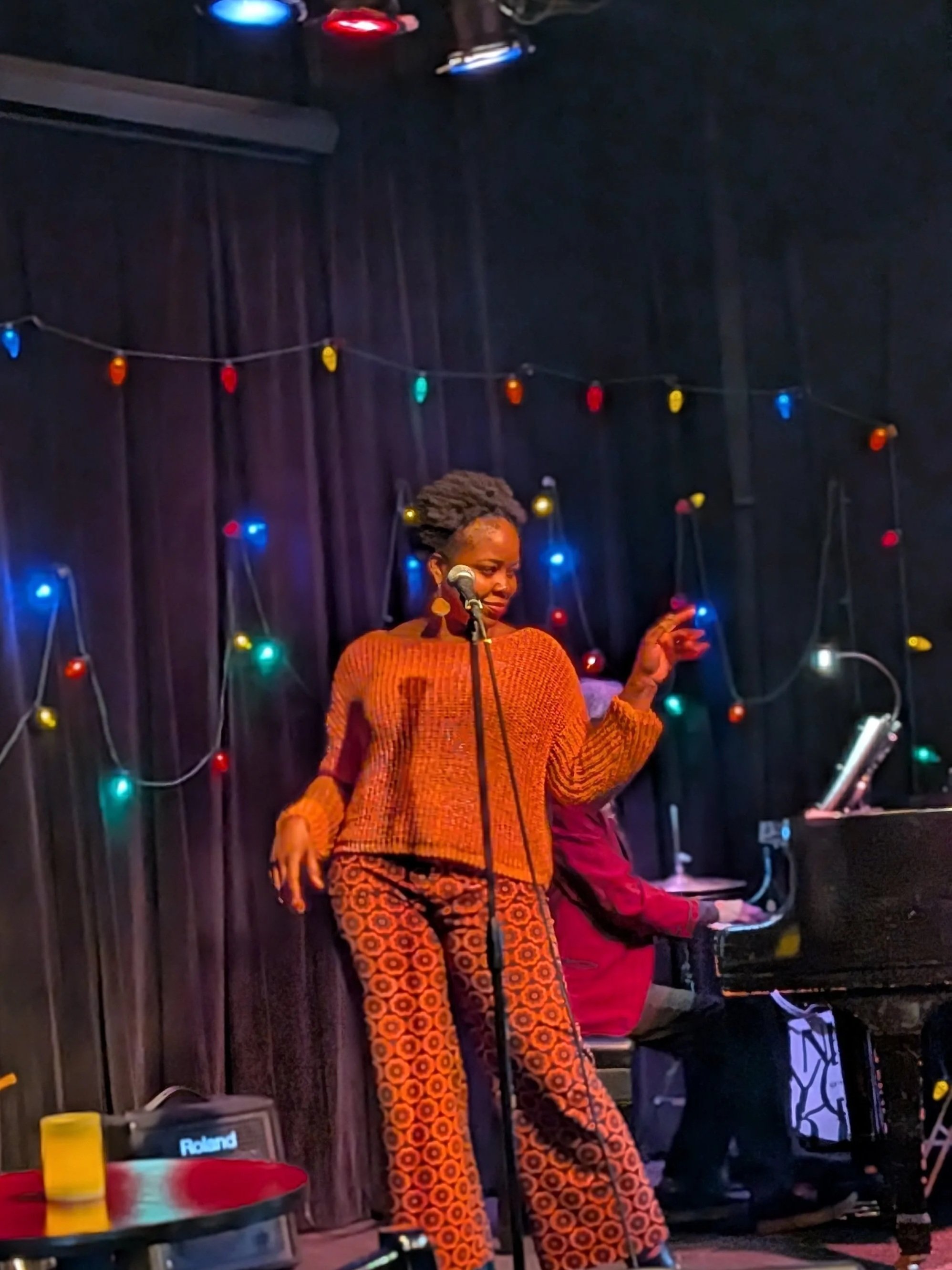 Seattle jazz pianist and percussionist John Engerman accompanies Nako on stage at Egan’s Ballard Jam House as she sings love songs from Photosynthesis and more for Gretchen Rumbaugh’s “Cabaret Chanteuse: Stupid Cupid” on February 26, 2026.