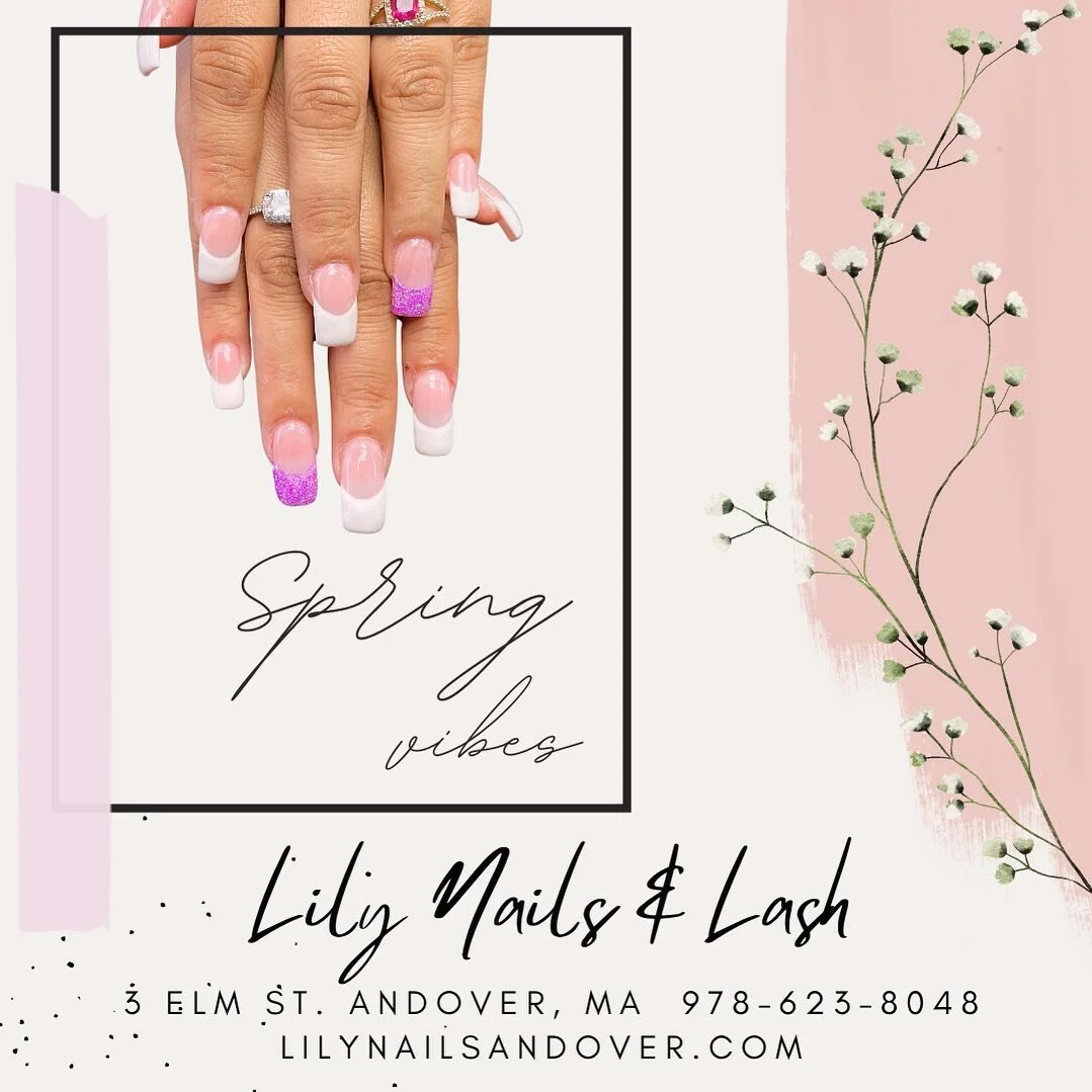 French tips with a touch of spring vibes. 

#spring #springnails #frenchtipnails #glitternails #squarenails #andoverma #lilynailsandover