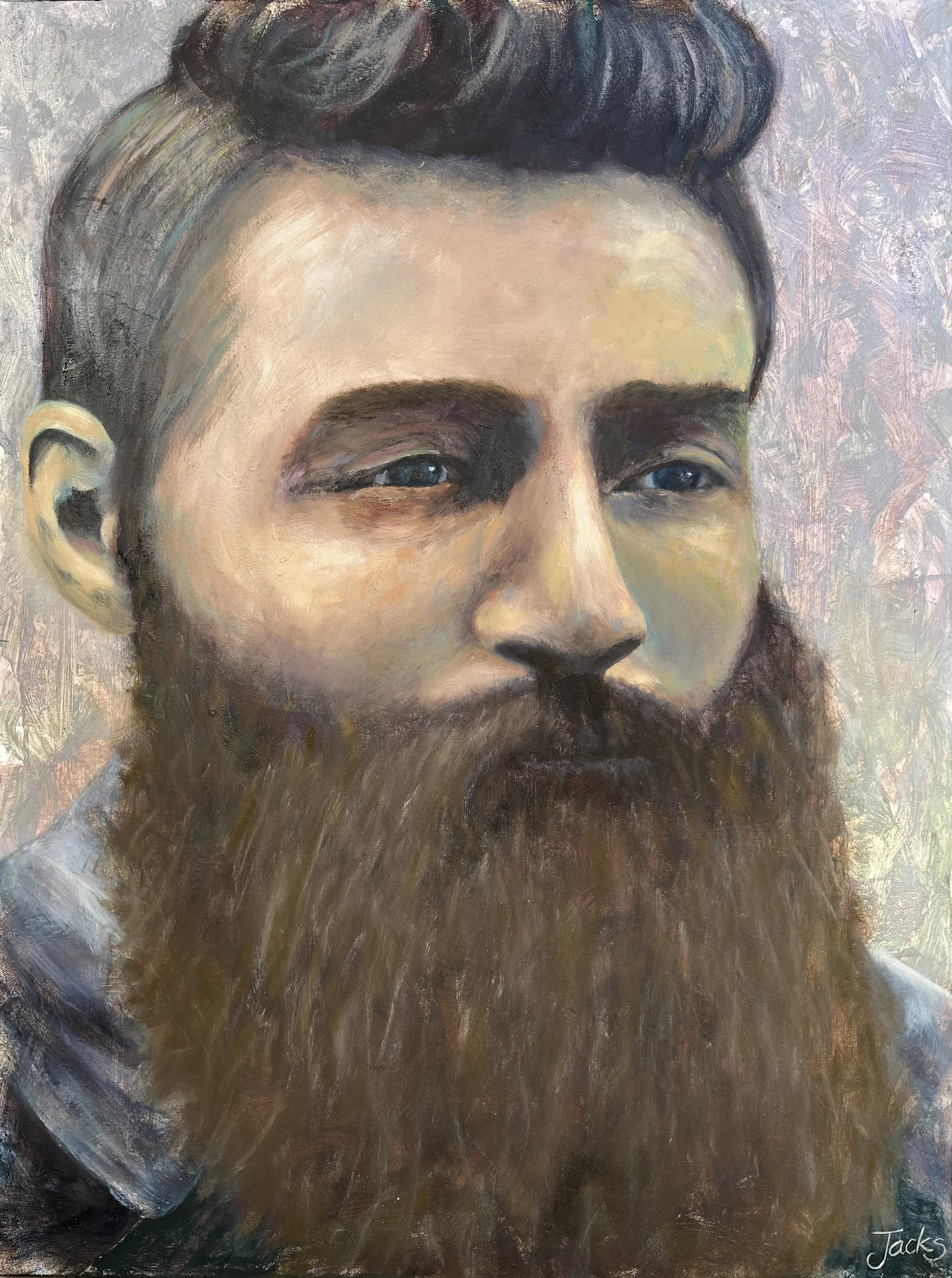 “Ned Kelly” (Commission)
Collage, handmade distemper paints, oil paint on cotton canvas
76cm x 102cm
2025